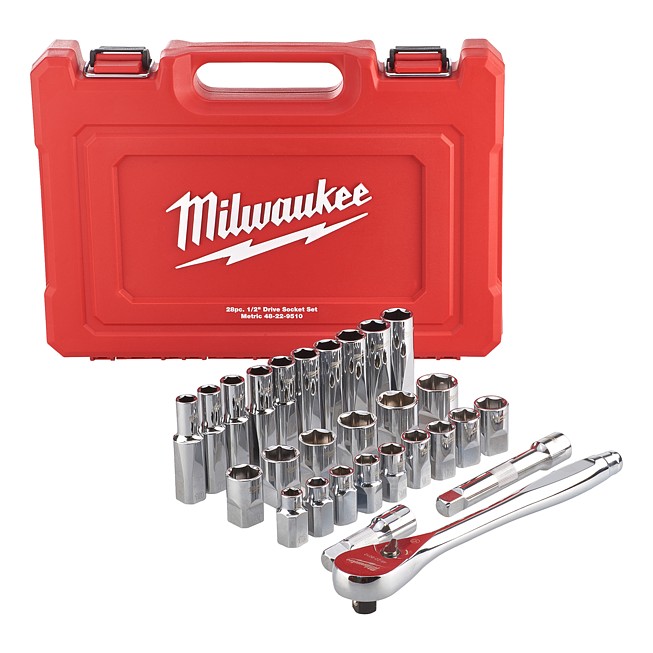 Milwaukee Ratsch. &amp; Steckschl&uuml;sselein Set 1/2 metri 28-tlg