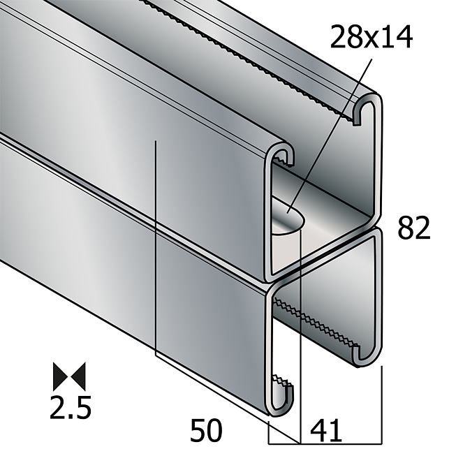 Rail de montage double 41x82 2,5 mm d'&eacute;paisseur, 6m de long ; A4