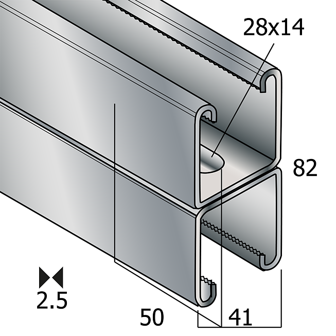 Doppel-Montageschiene 41x82x2.5mm L=6m VZ